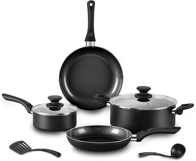 8pcs Black Ceramic Pots and Pans Set, Cooking Pan Set,Cooking Pot Set Ceramic Pan Set, Nonstick Cookware Set, Induction Safe Kitchen Cooking Set with Frying Pans, Saucepans, shovel and Ladle