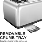 Toaster 4 Slice, Dual Independent Controls, Extra Wide Slot Toasters for Bagel, Bread, Waffles, 7 Shade Settings, 4 Main Functions, Removable Crumb Tray, 1500 Watts, Brushed Stainless Steel