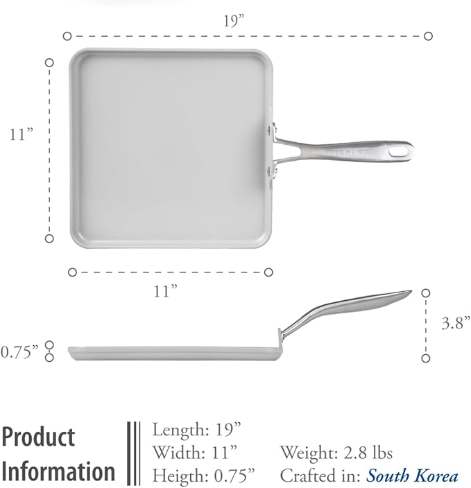 TECHEF - CeraTerra Ceramic Nonstick Square Griddle Pan (PTFE and PFOA Free Ceramic Exterior & Interior), Oven & Dishwasher Safe, Made in Korea, Grey/Silver (Griddle Pan)