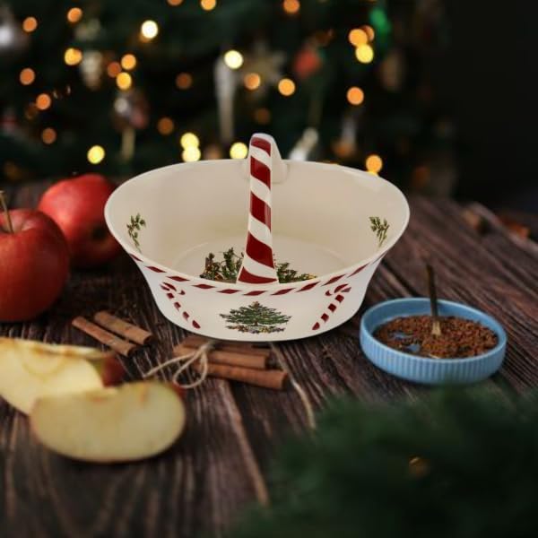 Spode Christmas Tree Candy Basket, 6.5-Inch Candy Bowl with Peppermint Handle for Holiday Snacks, Earthenware Christmas Gift, Festive Holiday Serveware & Holiday Display Bowl, Seasonal Décor