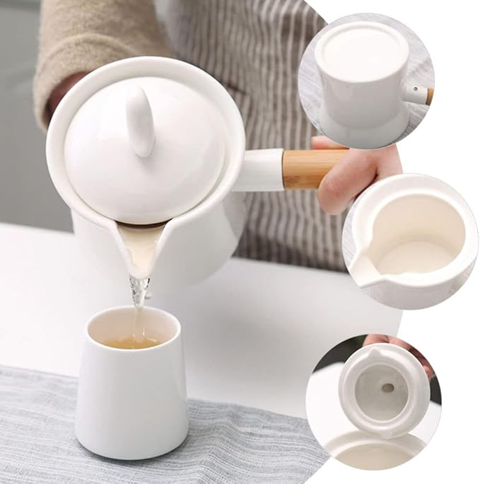 Unomor Mini Sauce Pan Ceramic Milk Pan Porcelain Tea Pot with Lid Wooden Handle 350ml Butter Warmer Mini Cooking Pot Coffee Pitcher for Soup Drink Kung Fu Tea White