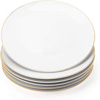 10.5” Porcelain Coupe Dinner Plates with Golden Rim, Stackable Off-White Ceramic and Round, Perfect for Salad, Dessert, Steak, Pasta (Set of 6)
