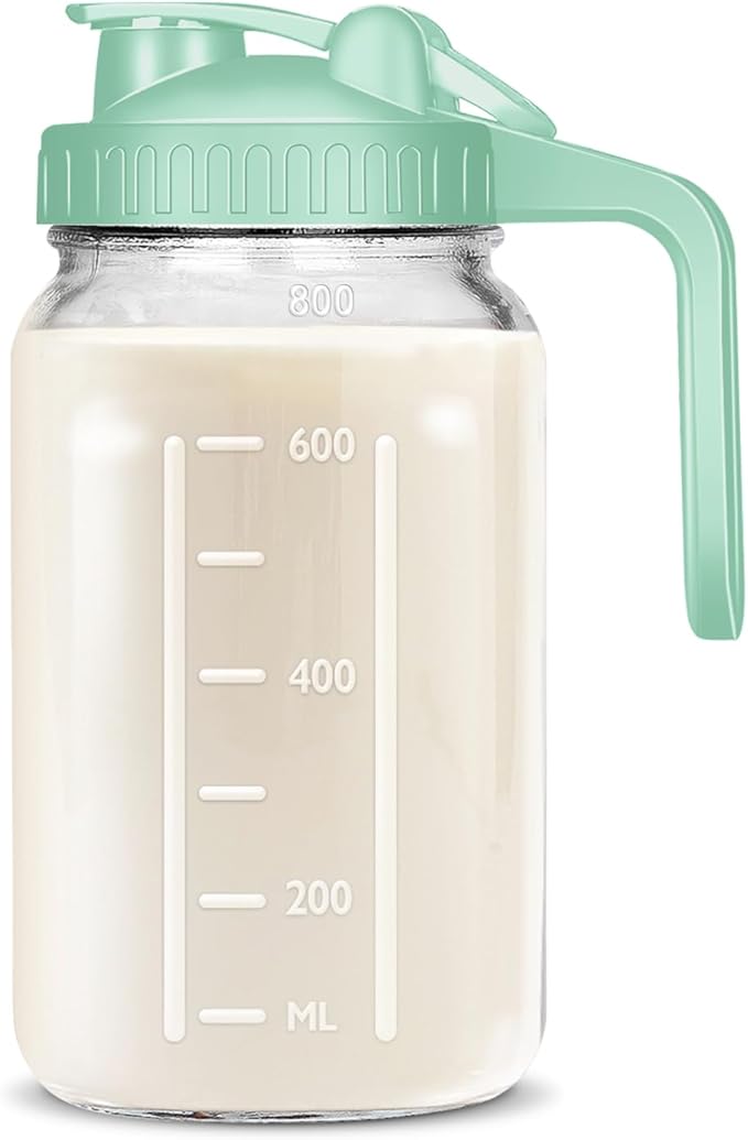 Mason Jar Pitcher, 32 OZ Breast Milk Pitcher Double Leak Proof with Pour Spout Handle, Wide Mouth Iced Tea Pitcher for Fridge, Creamer Container for Coffee, Sun Tea juice (Green,1 Pack)