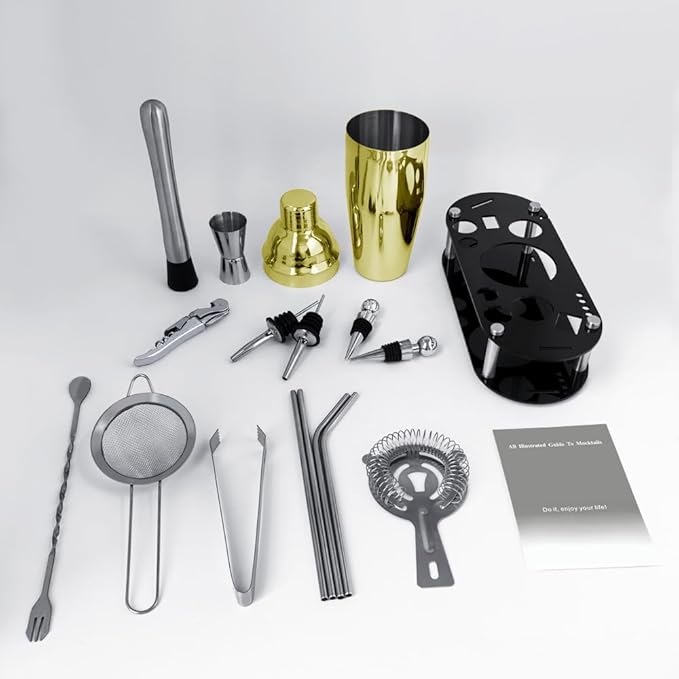 Cocktail Shaker Set Bartender Kit with Stand - 16 Piece Bar Tool Set Drink Mixer Set Includes : 25oz Shakers, Jigger, Strainer, Mixer Spoon, Muddler, Liquor Pourers, Straw (Gold)