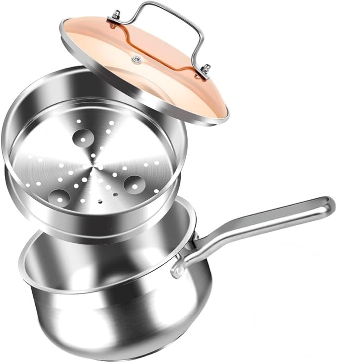 WANGYUANJI 2.5-Quart Stainless Steel Saucepan with Steamer Basket, 2-in-1 Pot & Steamer, Tri-Ply Base, Tempered Glass Lid, Induction Compatible