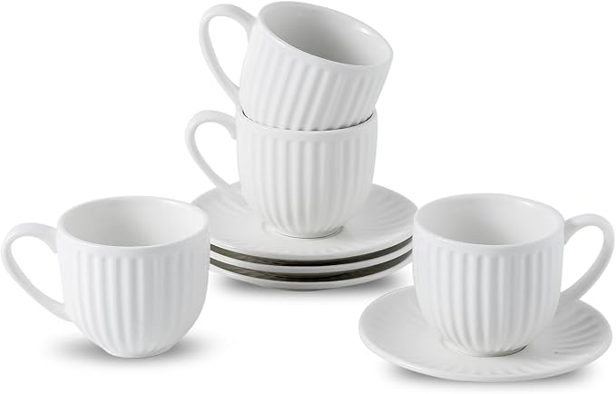 Hasense Porcelain Cappuccino Cups and Saucers Set of 4,White Ribbed 6 Oz Demitasse Tea Cup with big Handle, Mugs Set for Coffee,Tea,Latte and Mocha, Aesthetic Gift for Anniversary or Holiday