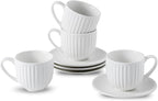 Hasense Porcelain Cappuccino Cups and Saucers Set of 4,White Ribbed 6 Oz Demitasse Tea Cup with big Handle, Mugs Set for Coffee,Tea,Latte and Mocha, Aesthetic Gift for Anniversary or Holiday
