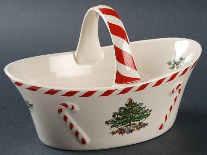Spode Christmas Tree Candy Basket, 6.5-Inch Candy Bowl with Peppermint Handle for Holiday Snacks, Earthenware Christmas Gift, Festive Holiday Serveware & Holiday Display Bowl, Seasonal Décor