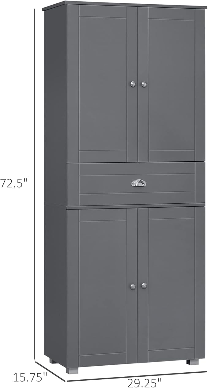 HOMCOM 72" Freestanding Kitchen Pantry Cabinet, Tall Storage Cabinet with 4 Doors, Drawer and Adjustable Shelves for Dining Room, Gray