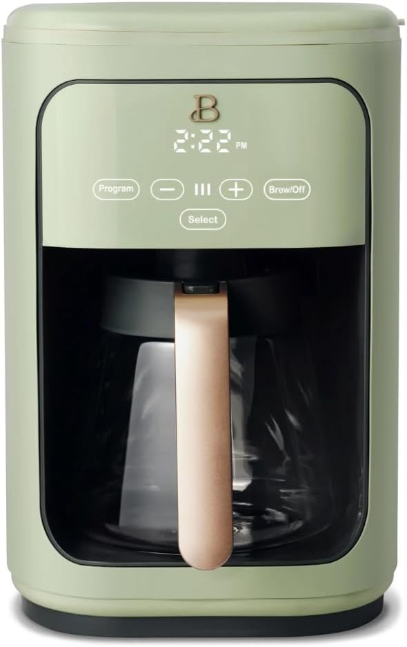 Beautiful by Drew Barrymore 14-Cup Programmable Drip Coffee Maker, Touch-Activated Display, Fast 14-Min Brew, Bold Strength, Keep Warm 4hrs, Gold Filter (Sage Green)