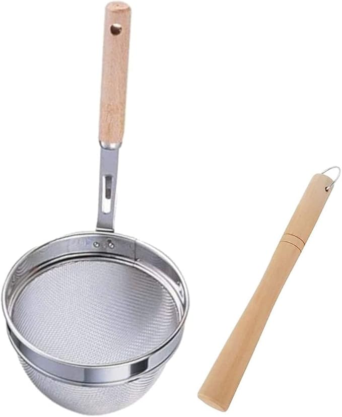 TIKUSAN Miso Strainer and Muddler Miso Dissolver Misokoshi Stainless Steel with Wooden Muddler for Making Miso Soup Made in Japan Large Size