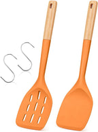 Pack of 2 Silicone Spatula, Non Stick Cooking Utensil Set, Wooden Handle Kitchen Turner for Baking Mixing Grilling Serving Food Heat Resistant (ORANGE)