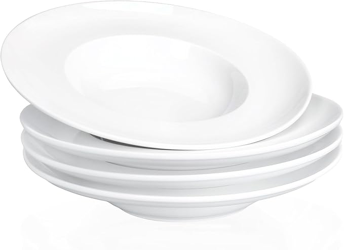 Pasta Plates with Rim 12 oz, Soup Bowl Pasta Bowl Set of 4, White Shallow Bowl Plate, Ceramic Wide Rimmed Soup Bowl, Best choice for high-end restaurants, hotels, and foodies, 11 Inch