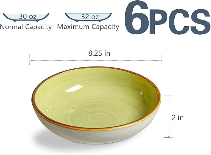 ONEMORE 30 Ounce Large Porcelain Salad Pasta Bowls, Ceramic Dinner Serving Bowls for Soup, Dessert, Fruit. Microwave & Dishwasher Safe, Green Shallow Pasta Bowls, Kitchen Dinnerware, Modern Style