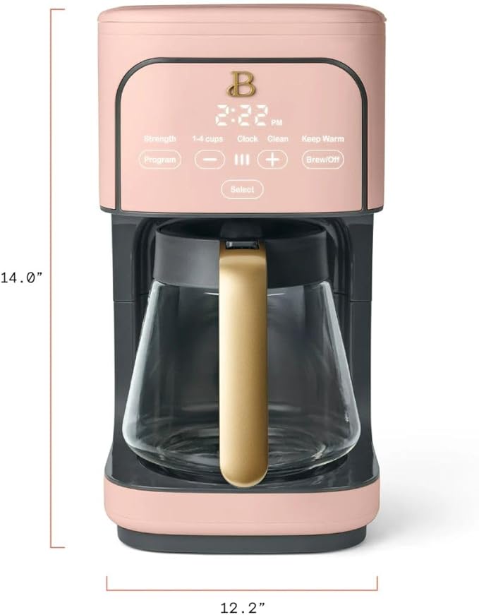 Beautiful 12-Cup Programmable Coffee Maker with Touch-Activated Display, Auto Brew Timer, Reusable Filter & Large Glass Carafe (Rose)