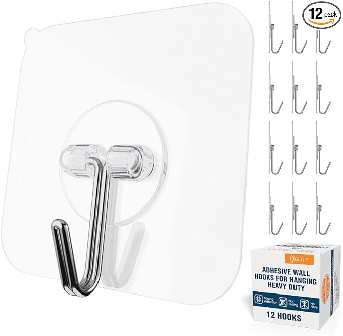 GLUIT Adhesive Wall Hooks for Hanging Heavy Duty 22 lbs Hooks for Walls No Damage, Towel Sticky Clear Hook, Waterproof, Home, Bathroom, Kitchen, Office, and Outdoor 12 Pack