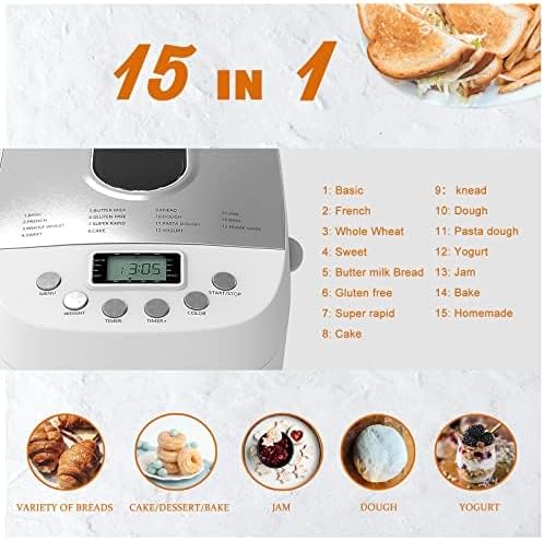 Davivy Bread Maker Machine 3.3LB Dough Maker,15-in-1 Automatic Bread Machine Maker with Nonstick Bowl, Jam& Yogurt, 3 Loaf Sizes and 3 crust settings,15-H Delay Timer（850W,Silver,3.3LB）