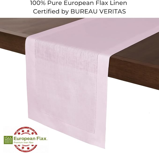 D'Moksha Homes Linen Pastel Pink Table Runner 120 Inches Long - 100% Pure Linen Hemstitch 14 x 120 Inch Table Runner for Dining, Summer, Fall and Halloween - Classic Hemstitch