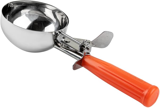 Restaurantware Met Lux 8 Ounce Portion Scoop 1 Durable Disher Scoop - Thumb Trigger Orange Stainless Steel Ice cream Disher For Portion Control For Ice Cream Mashed Potato And Cookie Batter
