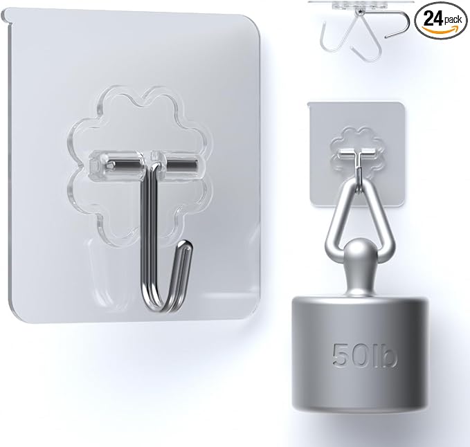 DDMY 24 Packs Hooks for Hanging 50lb Wall Hooks Transparent Reusable Waterproof Adhesive Hook for Kitchen Curtain, Towel Hook for Bathrooms, Heavy Duty Self Coat Hook for Walls No Damage