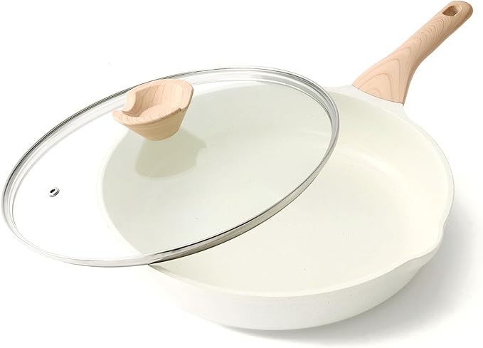 Kordisen Nonstick Ceramic Frying Pan with Lid, 12.5 Inch Ceramic Large Skillet with Lid, Healthy Non Toxic Cooking Pan, Stay-Cool Handle, Induction Compatible, PFOA & PFAS Free, White