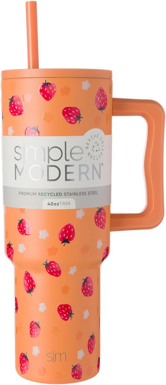 Simple Modern 40 oz Trek Tumbler with Handle and Straw Lid | Cup Holder Friendly Insulated Stainless Steel Travel Mug | Strawberry Fields