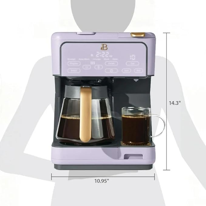 Beautiful by Drew Barrymore Multi-Brew Coffee Maker, 12-Cup Carafe + Single-Serve, Pods or Grounds, Over Ice, Touch Display. (Lavender)