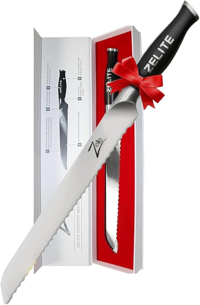 Zelite Infinity 10 Inch Serrated Bread Knife for Homemade Bread — Razor Sharp German High Carbon Stainless Steel Bread Cutting Knife for Sourdough Bread; Ergonomic Handle - Luxurious Gift Box