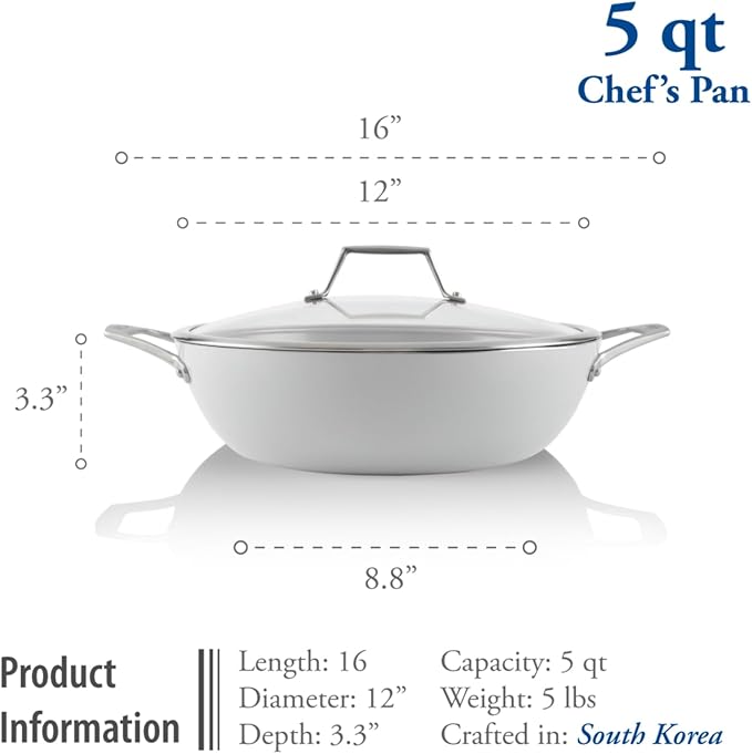TECHEF - CeraTerra, 5 Qt / 12-in Ceramic Nonstick All Purpose Chef Pan with Cover, (PTFE and PFOA Free Ceramic Exterior & Interior), Oven & Dishwasher Safe, Made in Korea, Grey/Silver (5 Qt Chef Pan)