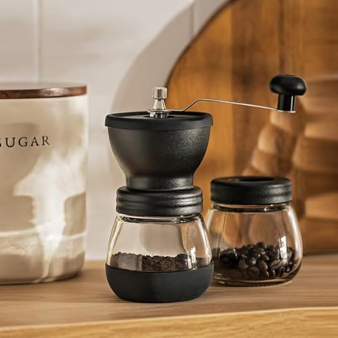 Manual Coffee Grinder, Hand-cranked Coffee Machine with Glass Body, Black