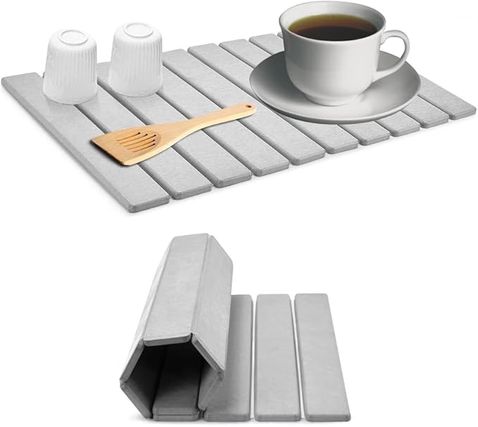 Large Stone Dish Drying Mat For Kitchen Counter,Collapsible Quick Dry Dish Drying Mat,Eco-Friendly Absorbent Diatomaceous Earth Mat for Dishes Bottles Cups, Match Any Countertop 24"(L)×16"(W)