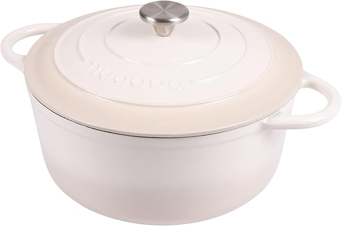 Nuovva Enamelled Cast Iron Dutch Oven Pot with Lid 6.4 Quart Non Stick Casserole Pot – Heavy Duty & Oven Safe up to 500° F for Bread Baking, Braising, Stews, Roasting – 28cm Oyster