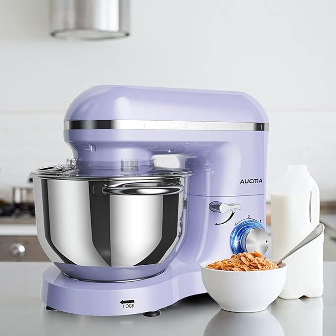 Aucma Stand Mixer,6.5-QT 660W 6-Speed Tilt-Head Food Mixer, Kitchen Electric Mixer with Dough Hook, Wire Whip & Beater (6.5QT, Lavender)