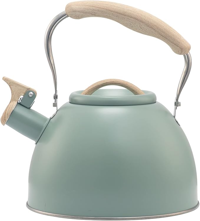 3.2 Quart Whistling Tea Kettle for Stove Top Stainless Steel Tea Pots With Wood Pattern Anti-slip Handle, Green…