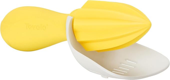 Tovolo Citrus Reamer with Seed Catcher, White & Yellow – Ergonomic Handheld Juicer for Lemons, Limes, Oranges, BPA-Free, Dishwasher Safe