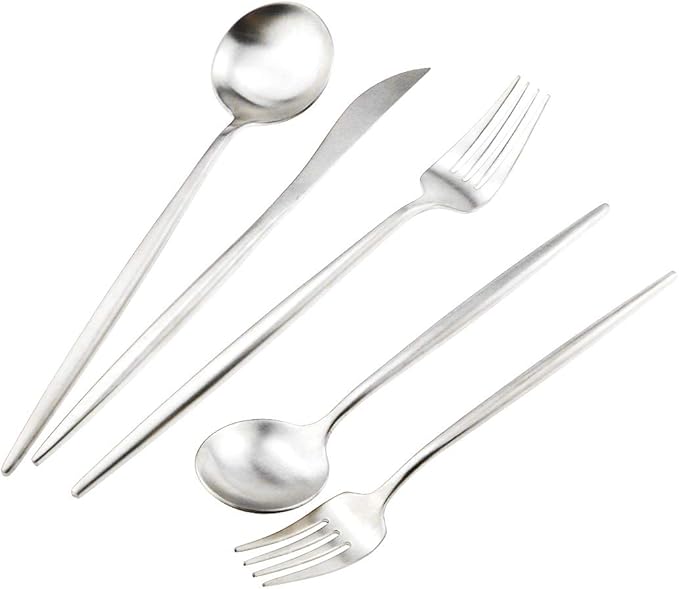 Matte Silver Silverware Set,Gugrida 5-Piece 18/10 Stainless Steel Satin Finish Flatware Set,Kitchen Utensil Set,Tableware Travel Cutlery Set for Camping Office or School Lunch, Dishwasher Safe