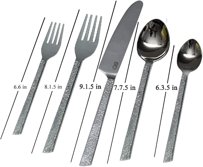 Bold & Divine Hammered Silver 5pcs Flatware Cutlery Set, Premium Stainless Steel Cutlery Set Service for 1 Include Knife/Fork/Spoon, Solid Stainless Steel Flatware