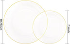 PULOTE 100PCS Clear and Gold Plastic Plates - Heavy Duty Clear Disposable Plastic Plates With Gold Trim for Wedding&Party Include 50 Dinner Plates, 50 Dessert Plates