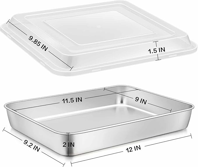 E-far Stainless Steel Baking Pan with Lid, 12⅓ x 9¾ x 2 Inch Rectangle Sheet Cake Pans with Covers Bakeware for Cakes Brownies Casseroles, Non-toxic & Healthy, Heavy Duty & Dishwasher Safe - Set of 2