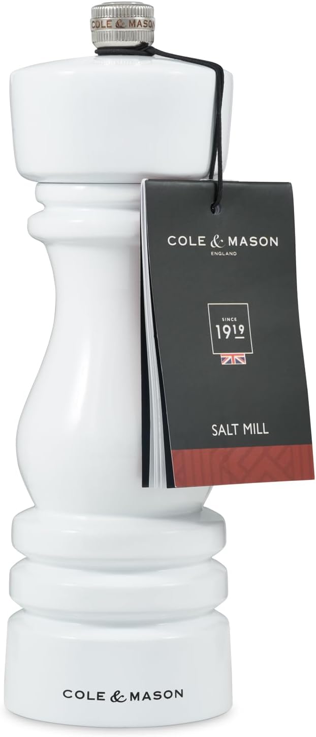 Cole & Mason London Refillable Spice Mill - Kitchen & Home Accessory - Table Salt Grinder - Salt Mill with Ceramic Mechanism - 7", White Gloss