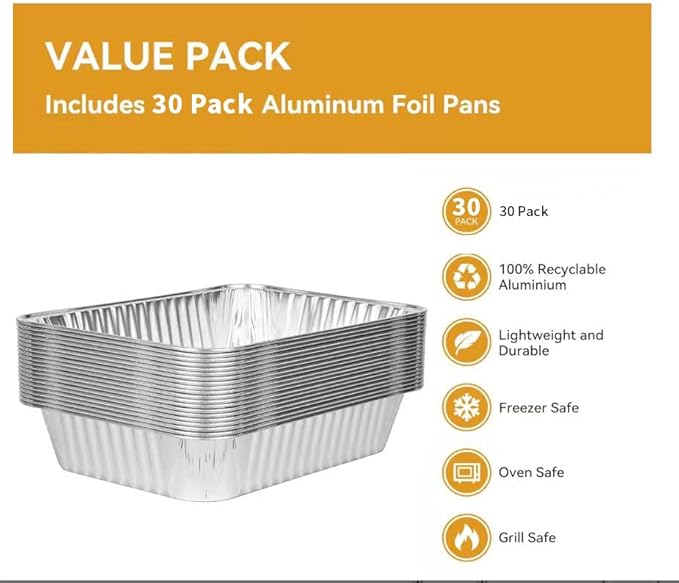 Disposable Aluminum Foil Pan, Family Size Baking Container, Deep Rectangular,9×13 Half Size,Tin Pans for Roasting,Catering,Picnic or Holiday needs (30 Pack)
