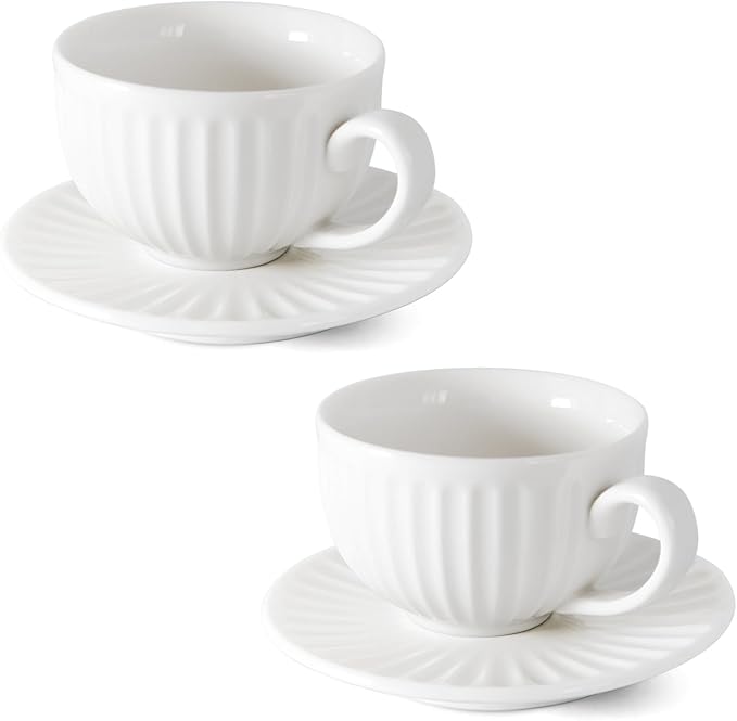 4 oz White Espresso Cups Set of 2, Ceramic Cappuccino Cups with Saucers, Durable Porcelain Tea Set & Modern Coffee Cup Collection, Coffee Lover Gifts