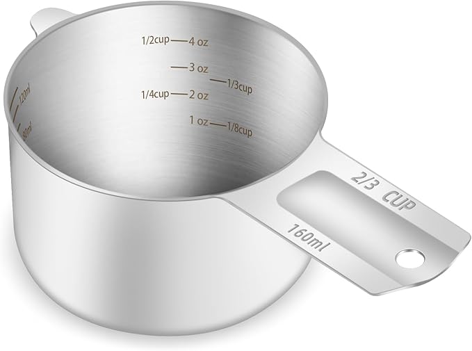 1PCS 2/3Cup (160ml, 5.3oz) Single Measuring Cup, Etched Inner Scale Stainless Steel Measure Scoop, Metric and US Measurement, Dishwasher Safe