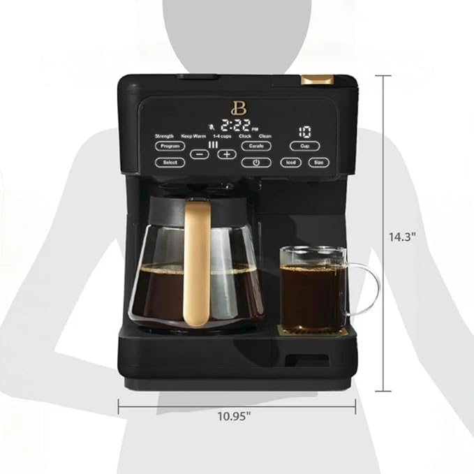 Beautiful by Drew Barrymore Multi-Brew Coffee Maker, 12-Cup Carafe + Single-Serve, Pods or Grounds, Over Ice, Touch Display. (BLACK SESAME)