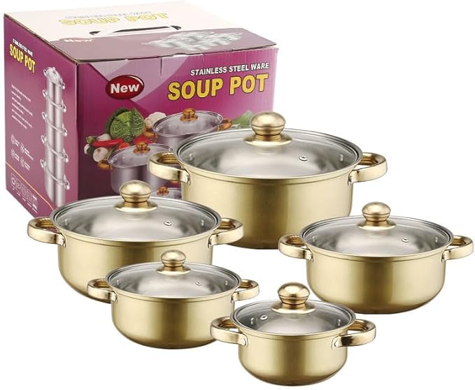 10PCS Stainless Steel Cookware Sets Nonstick Cookware Pot Dishwasher Safe Pots with Glass Lids for Soup, Pasta, Stew, Rice, Healthy Everyday Use for Gas Electric Halogen Ceramic Induction Hobs 07