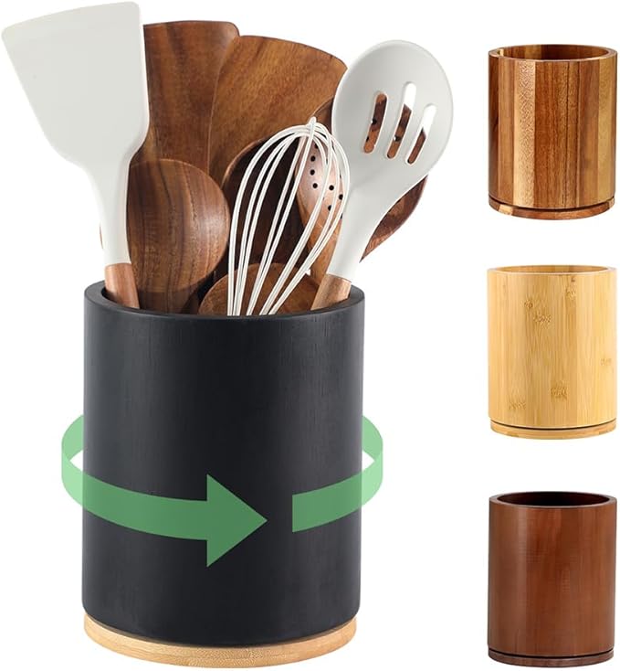 Wooden Utensil Holder, 360°Rotating 7.3'' Large Utensil Holder for Kitchen Counter, Kitchen Utensil Organizer, Utensil Crock, Farmhouse Kitchens Countertop Decor, Black Color