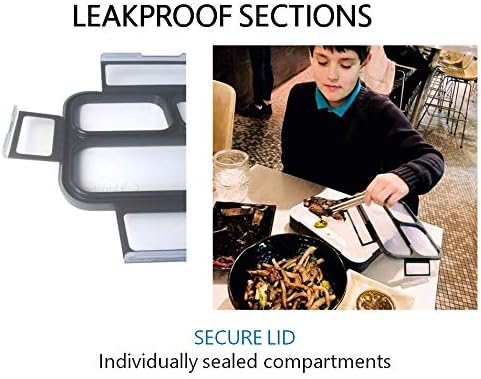 Bento Lunch Box with Bag and Ice Pack Set | Bento Box Adult Lunch Box | 3 Compartment Boxes, Insulated Bags for Work School | Containers for Teens Adults Boys Kids Lunches | Grey Black Large Kit