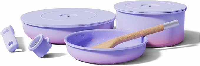 Ombré Titanium Ceramic Cookware Set Non Toxic – 8 Pcs Non Stick Pots and Pans Set with Removable Handles, Magnetic Lid & Wooden Spatula for Cooking – Oven & Dishwasher Safe (Lavender)