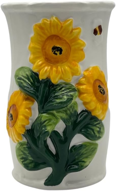 ACK 3D Sunflower Hand Painted Ceramic Utensil Jar, Utensil Holder, Utensil Crock, Modern Kitchen Decor, Kitchen Storage for Spoon, Ladle, Spatula and More