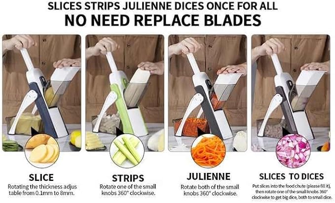 5-in-1 Safe Mandoline Slicer – Compact Foldable Vegetable & French Fry Cutter Mandoline Food Slicer Adjustable Thickness from 0.1 to 8mm for Kitchen, Ideal for Fruits, Vegetables, and Potatoes